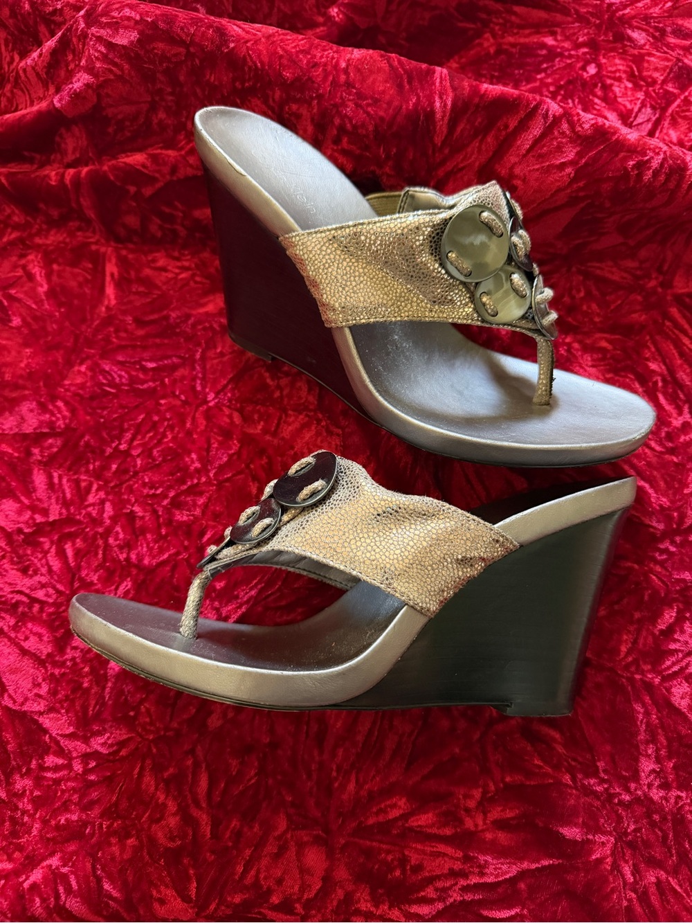 Calvin Klein Metallic Brown Wedge Thong Sandals